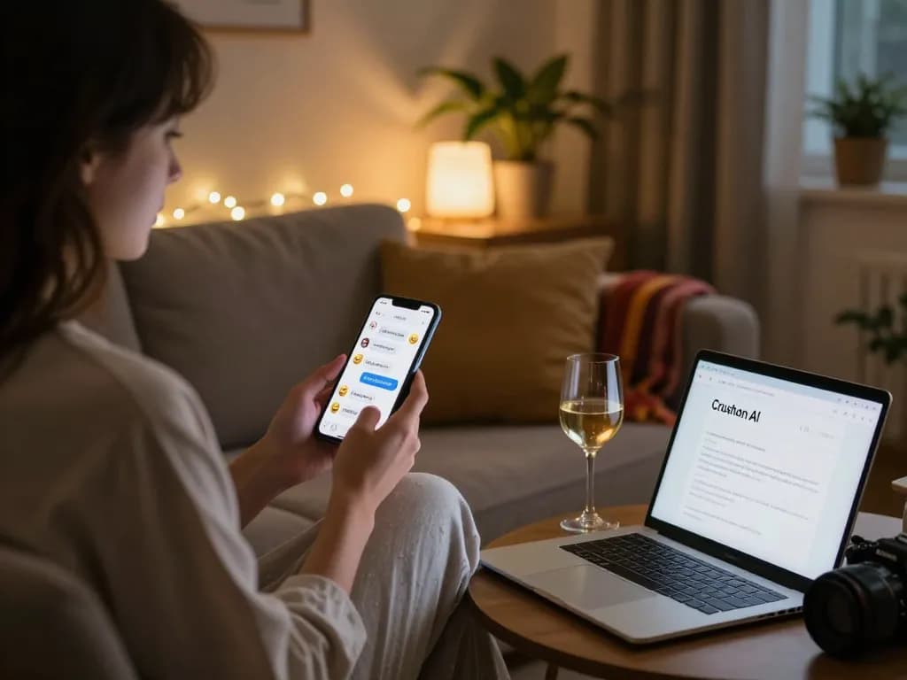 Intimate free ai sex chat experience on smartphone in cozy room.