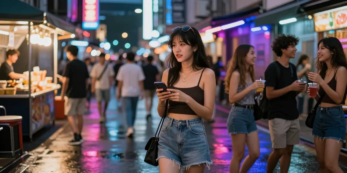 Gái gọi trong không gian phố đầy ánh đèn neon và sự sống động, tận hưởng cuộc sống về đêm.