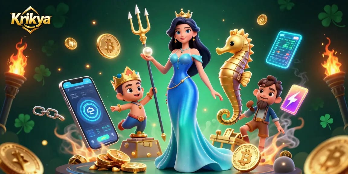 Krikya offers thrilling gameplay with a enchanting woman and seahorse king amidst crypto treasures.