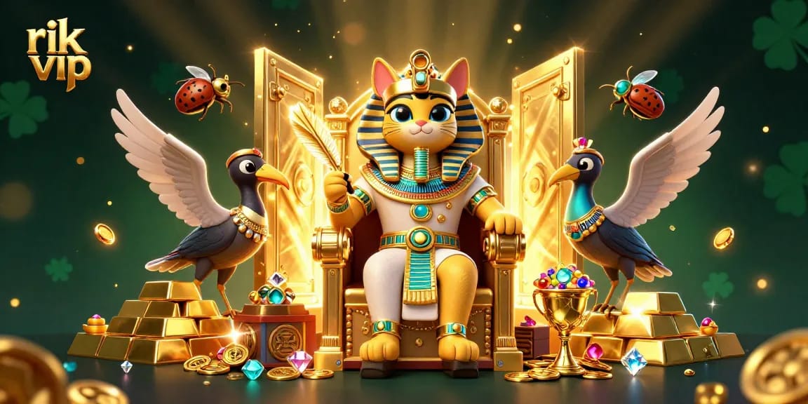 Join the fun at rik vip with a lavish 3D scene of gambling treasures and excitement in a casino setting.