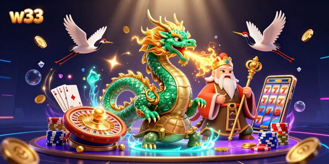 Experience excitement at w33 with a vibrant casino illustration featuring a dragon and lucky symbols.