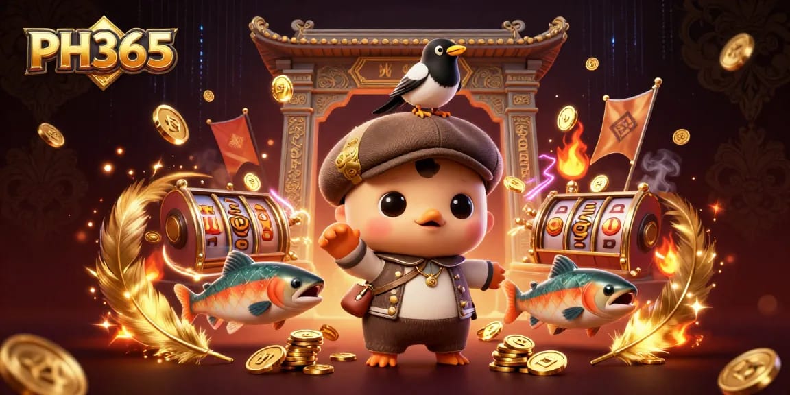 PH365 vibrant scene showcasing baby Nessie, a magpie, and salmon in an exciting casino atmosphere