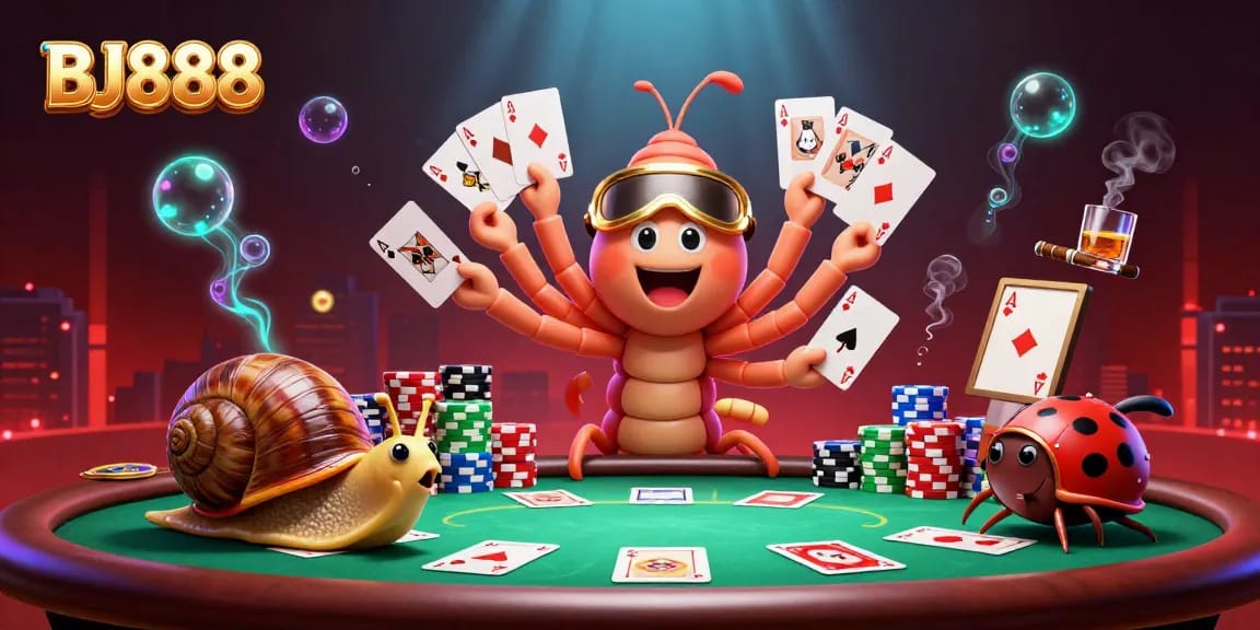 Experience high-stakes poker at BJ888 with a vibrant 3D scene featuring an animated dealer and colorful chips.