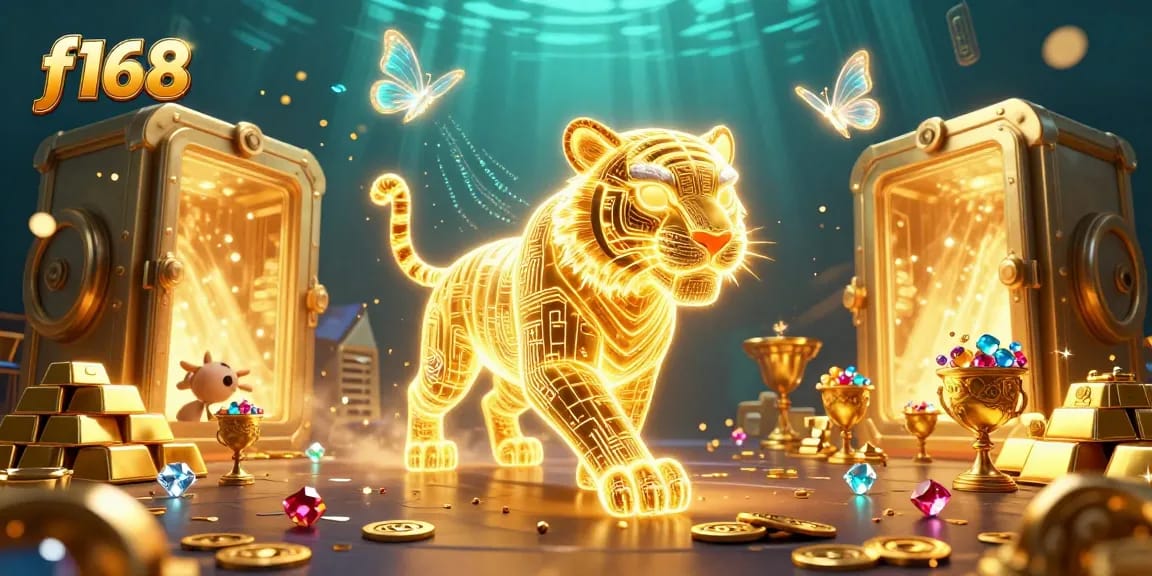 Engage with f168's vibrant casino atmosphere featuring a golden tiger amidst treasures