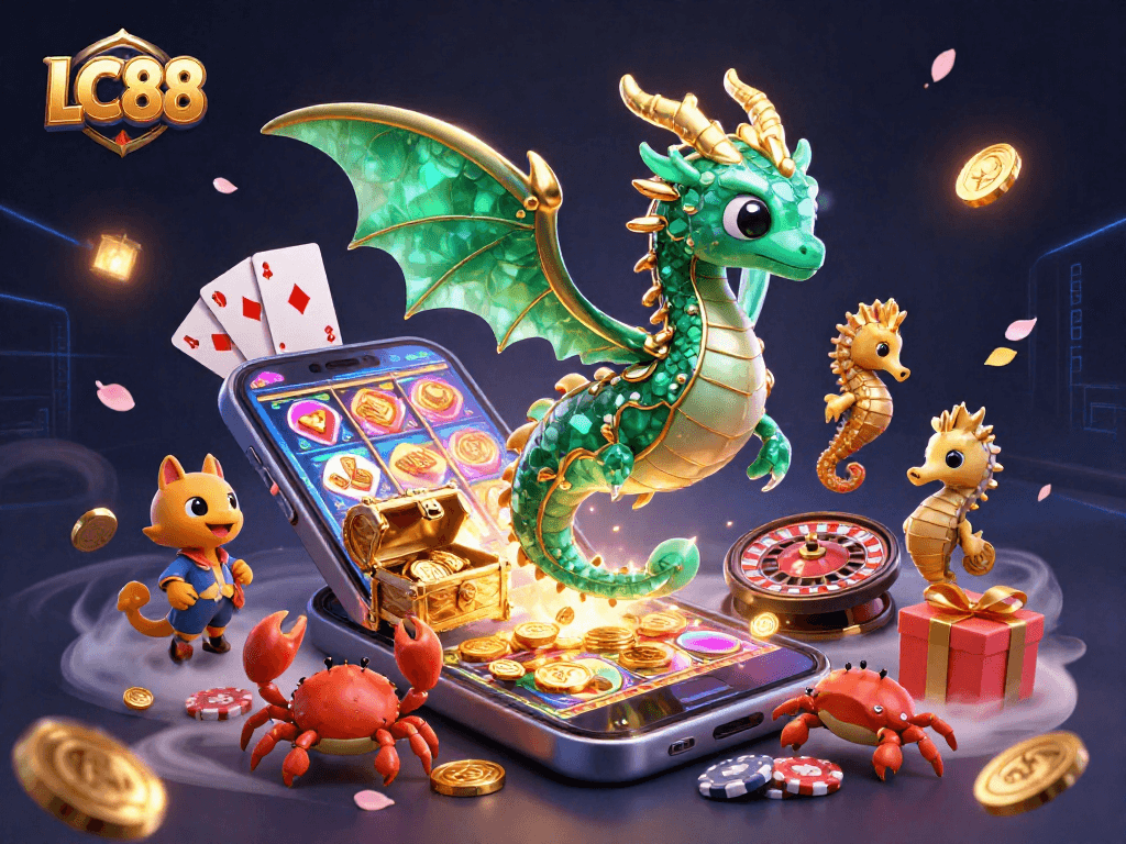 Experience the vibrant world of LC88 with colorful slot games and enchanting sea creatures in a thrilling casino scene.