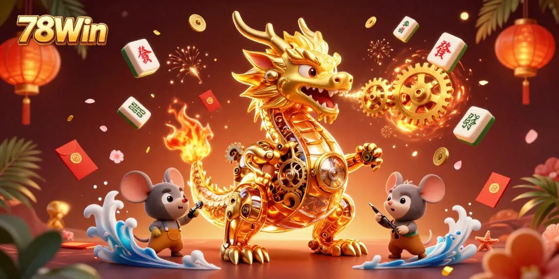 Experience winning moments with 78Win's unique golden dragon and casino elements in a vibrant illustration.