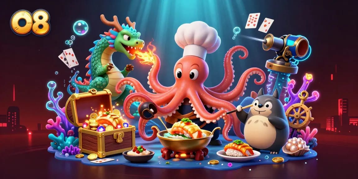 Experience high-stakes thrill at O8 with a vibrant casino scene featuring animated characters.