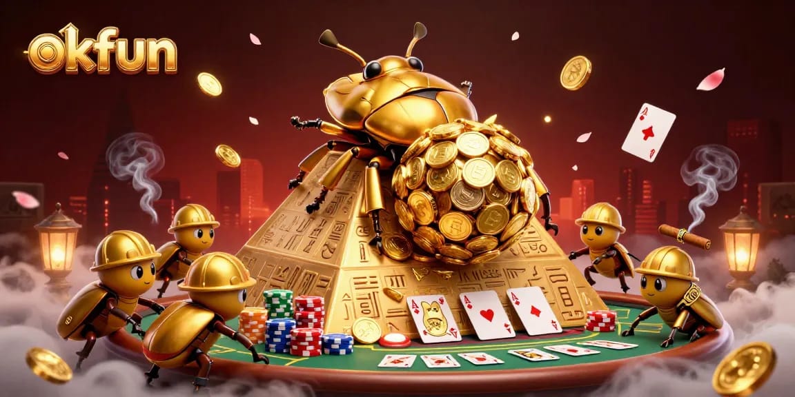 Engage in thrilling gameplay with okfun's vibrant casino-themed scene featuring golden beetles and poker elements.