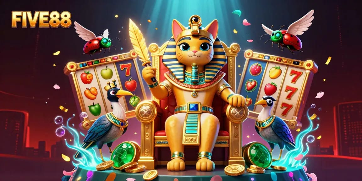 Experience thrilling fun with FIVE88's vibrant slot game dynamics amidst 3D casino characters.
