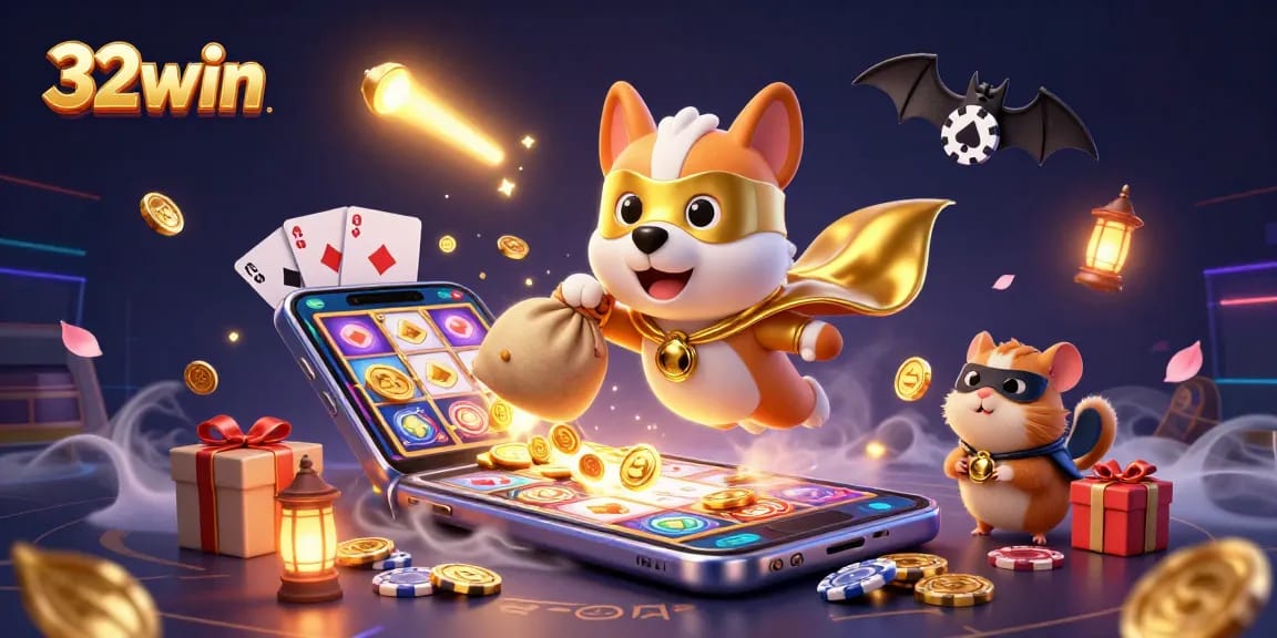 Experience thrilling wins at 32win with cartoon dog hero flying and gold coins bursting forth in a dynamic casino scene.