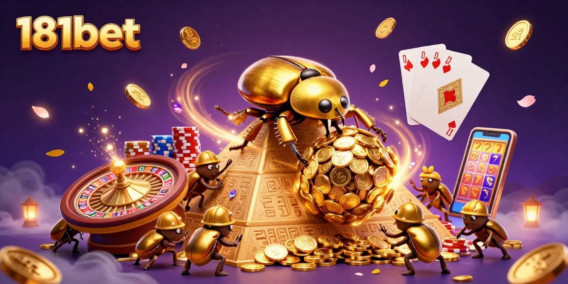 Experience thrilling gaming with 181bet as golden coins cascade in a vibrant casino-themed illustration.