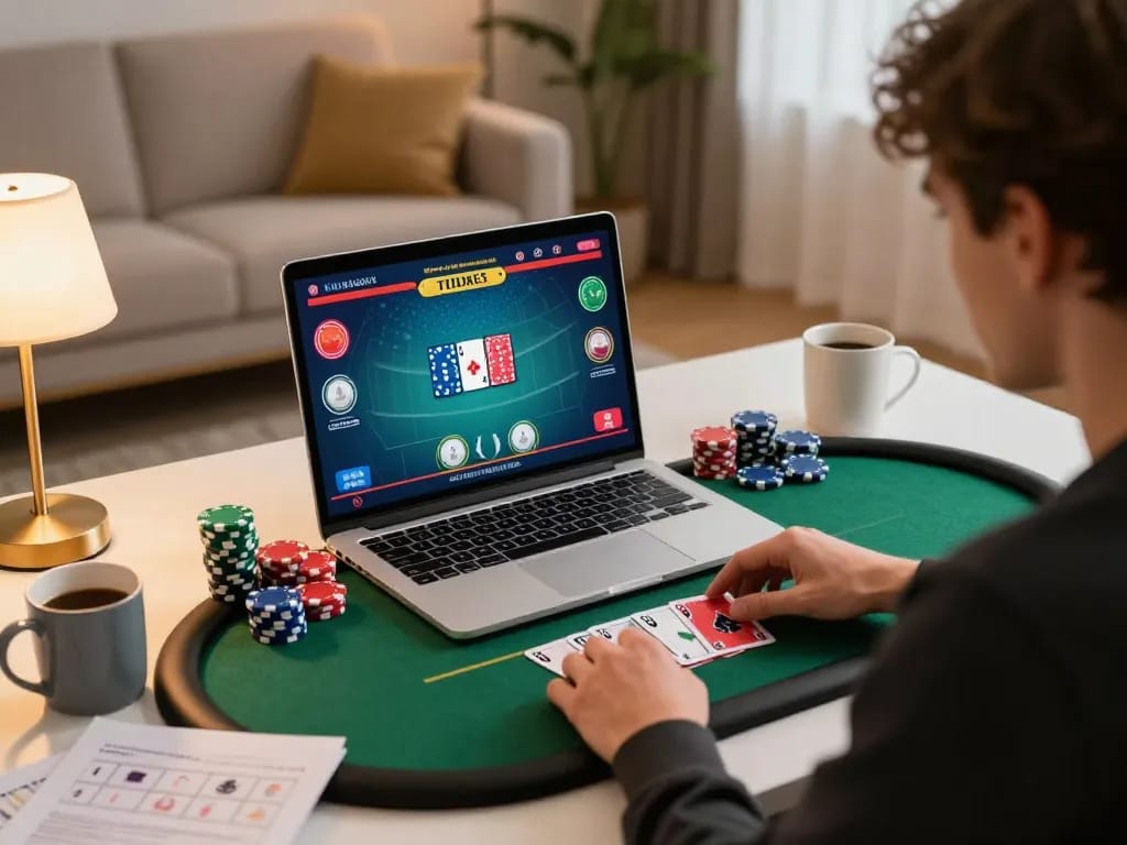 Engaged player exploring game bài đổi thưởng through online poker, home setting showcasing strategy notes and vibrant atmosphere.