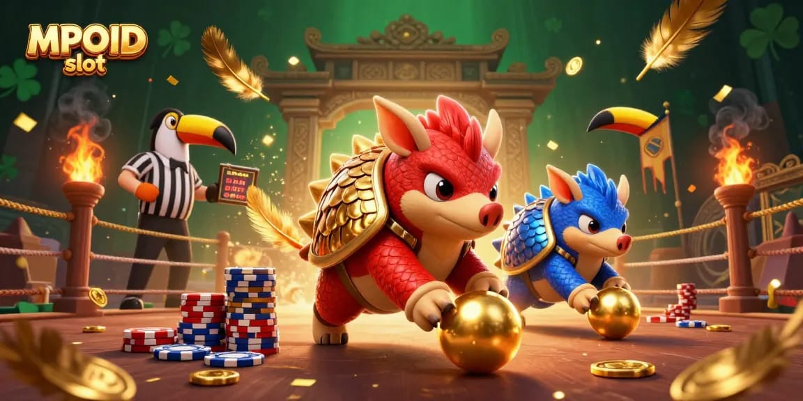 Engaging MPOID slot scene with rival pangolins rolling golden balls and bowling through poker chips in a vibrant casino atmosphere.