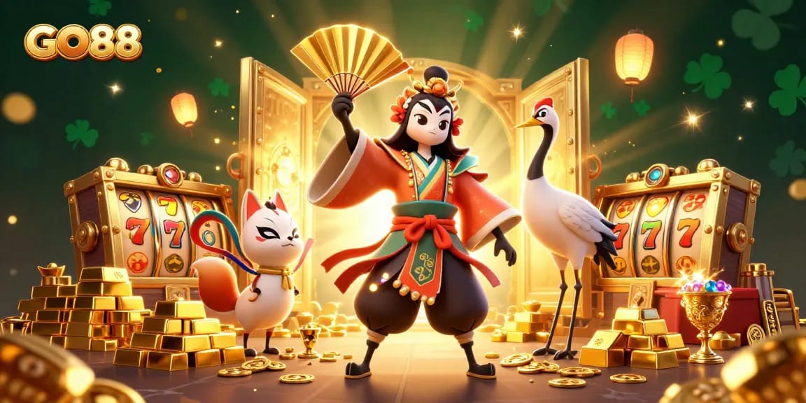 Experience thrilling action at GO88 with a vibrant 3D scene illustrating kabuki warriors and treasure in a lively casino.
