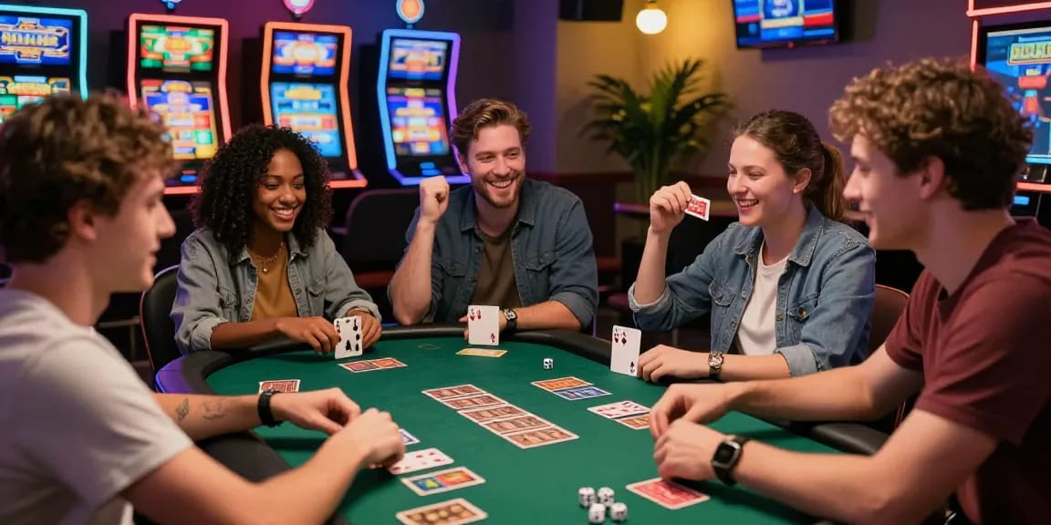 Exciting gaming session at nhà cái ok8386 with diverse friends celebrating wins at the table.