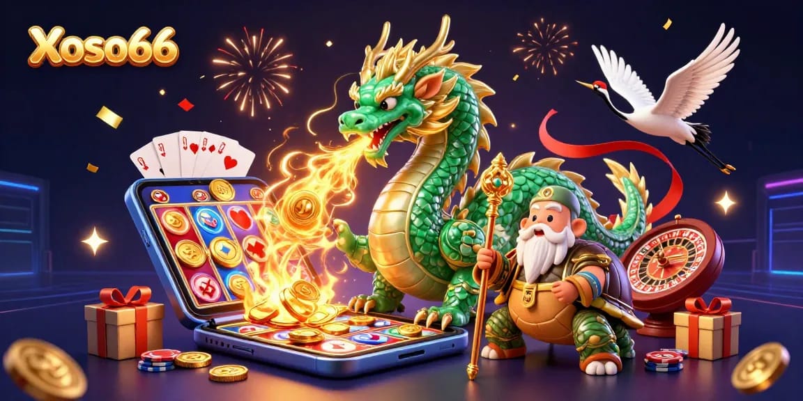 Xoso66's vibrant 3D dragon scene showcases the excitement of gameplay with animated gaming elements.