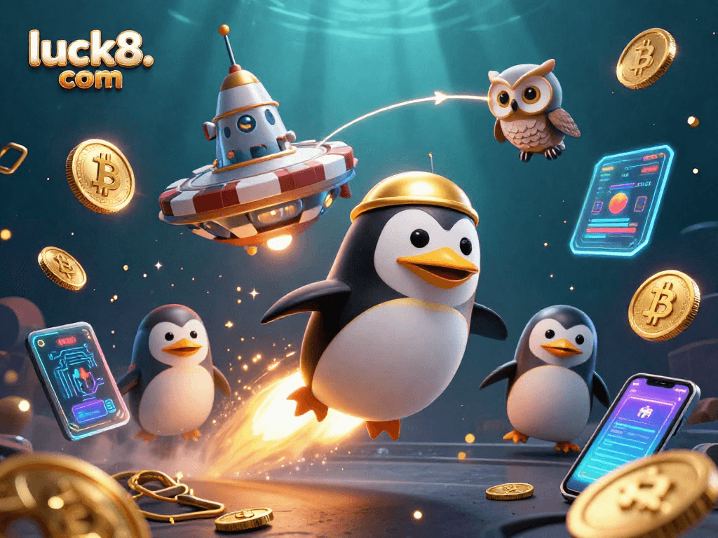 Play exciting games at luck8. com with a golden penguin and casino elements in action-packed illustration.