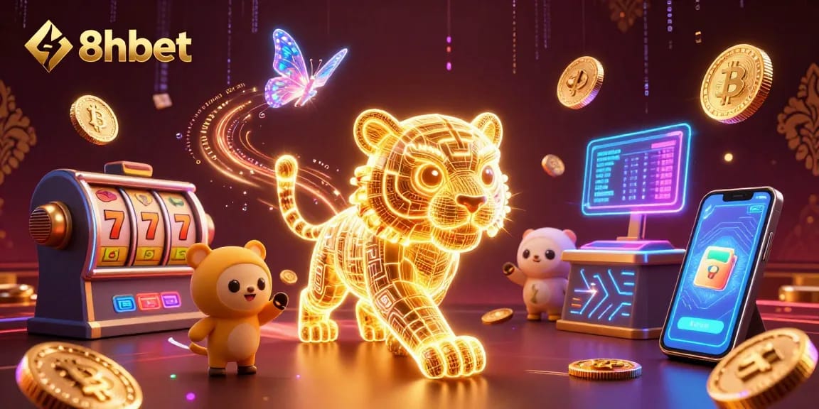Experience the vibrant casino action with 8xbet through a digital illustration of a neon tiger and holographic elements.