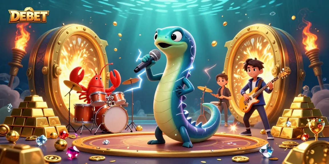 Play exciting games at DEBET Casino with vibrant characters and gold treasures.