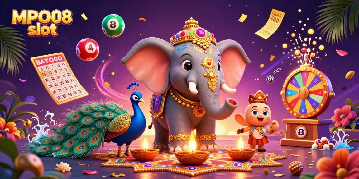 MPO08 slot surrounds a Diwali-themed elephant with vibrant casino elements, creating an engaging gambling atmosphere.