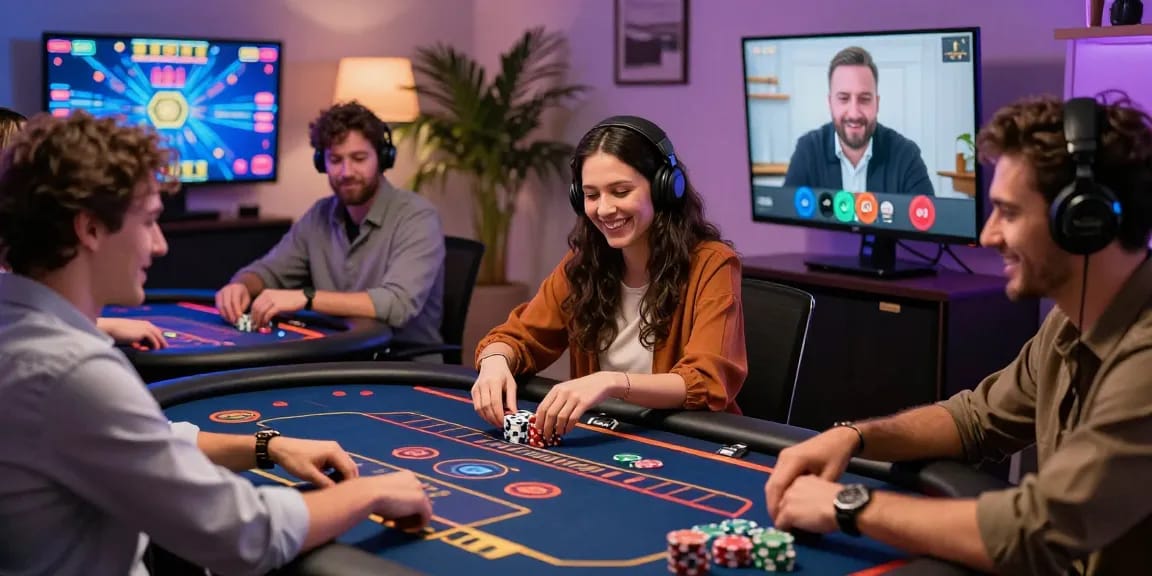 Scene emozionante di giocatori in casinò sicuri non AAMS impegnati in giochi dal vivo con grafiche vivaci e tecnologia interattiva.
