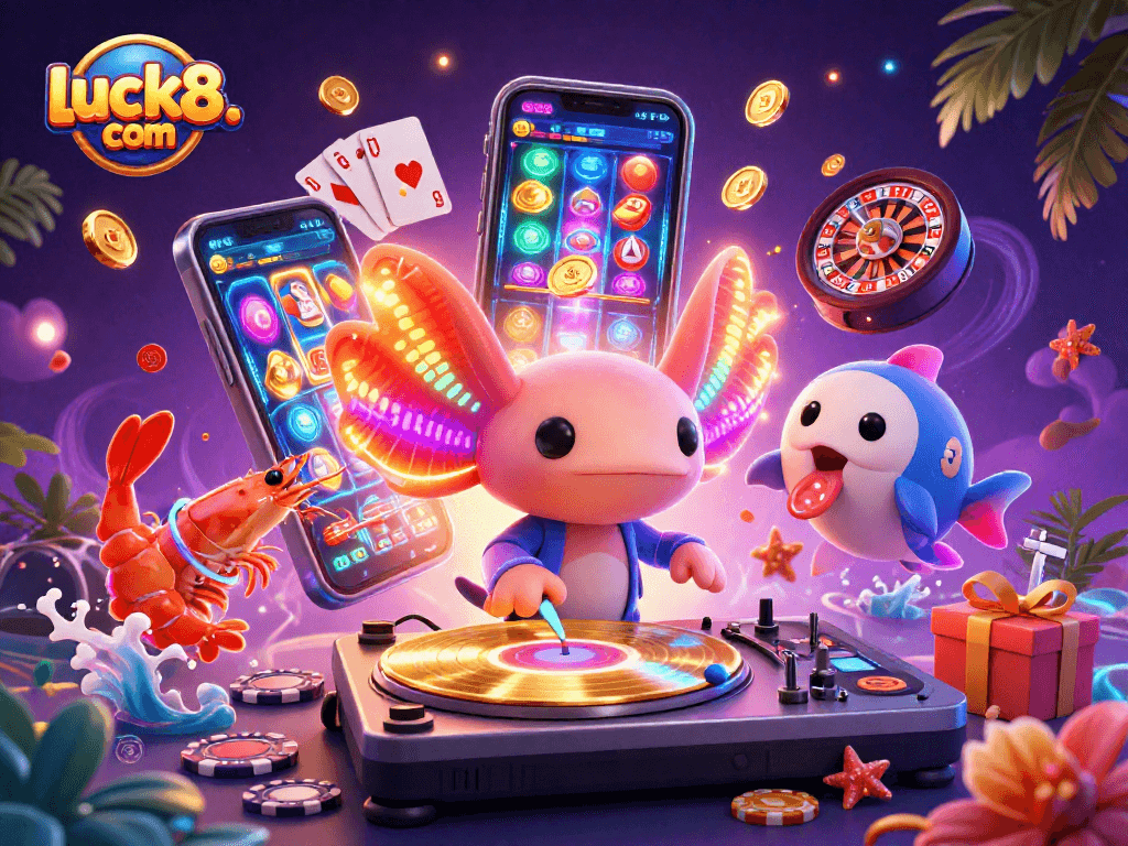 Experience excitement at luck8. com with a vibrant 3D casino themed illustration featuring a neon axolotl DJ.