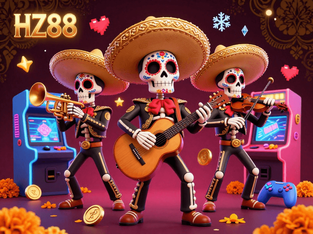 Experience HZ88's vibrant casino atmosphere with a lively mariachi band and gaming elements.