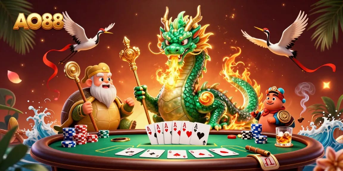 Experience thrilling poker action with AO88, showcased by an emerald dragon and legendary characters.