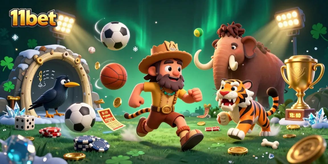 Engage with the dynamic gambling scene at 11bet featuring a prehistoric casino with playful characters and vibrant sports betting elements.