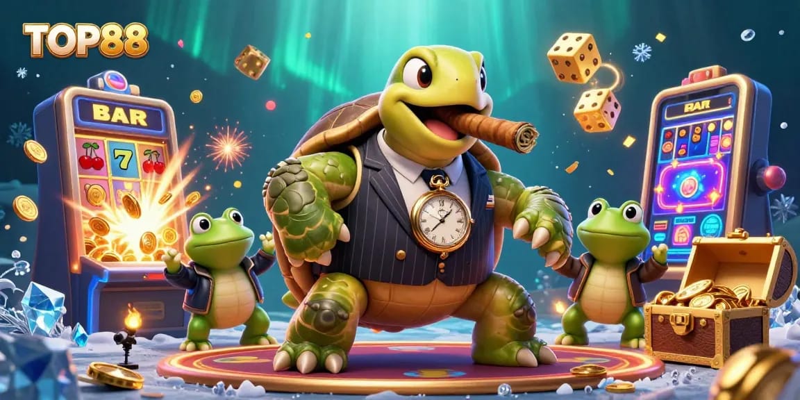 Experience the excitement of TOP88, featuring a turtle mobster and dynamic casino elements in an engaging scene.