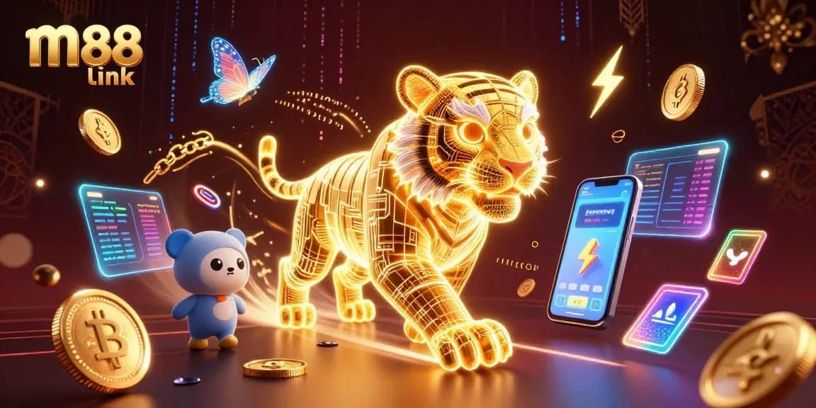 Win big with m88 link in this vibrant digital casino scene featuring a neon tiger and crypto coins.