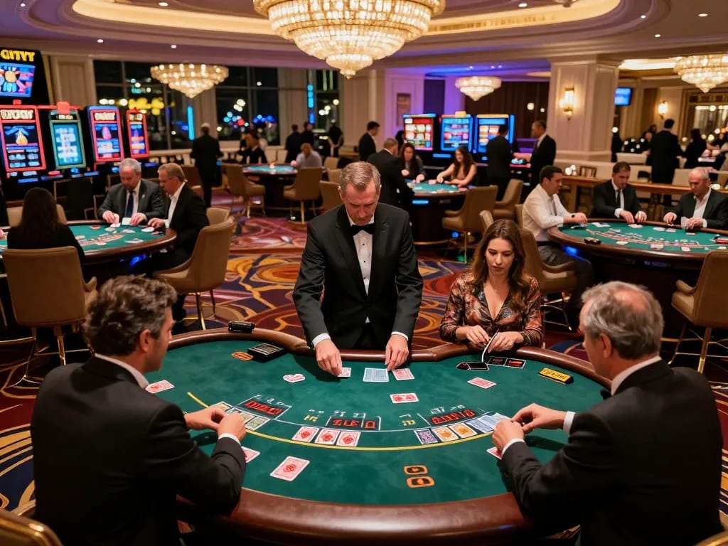 Players engaging at Vipwin blackjack tables in an upscale casino, showcasing dynamic gameplay and an exciting atmosphere.