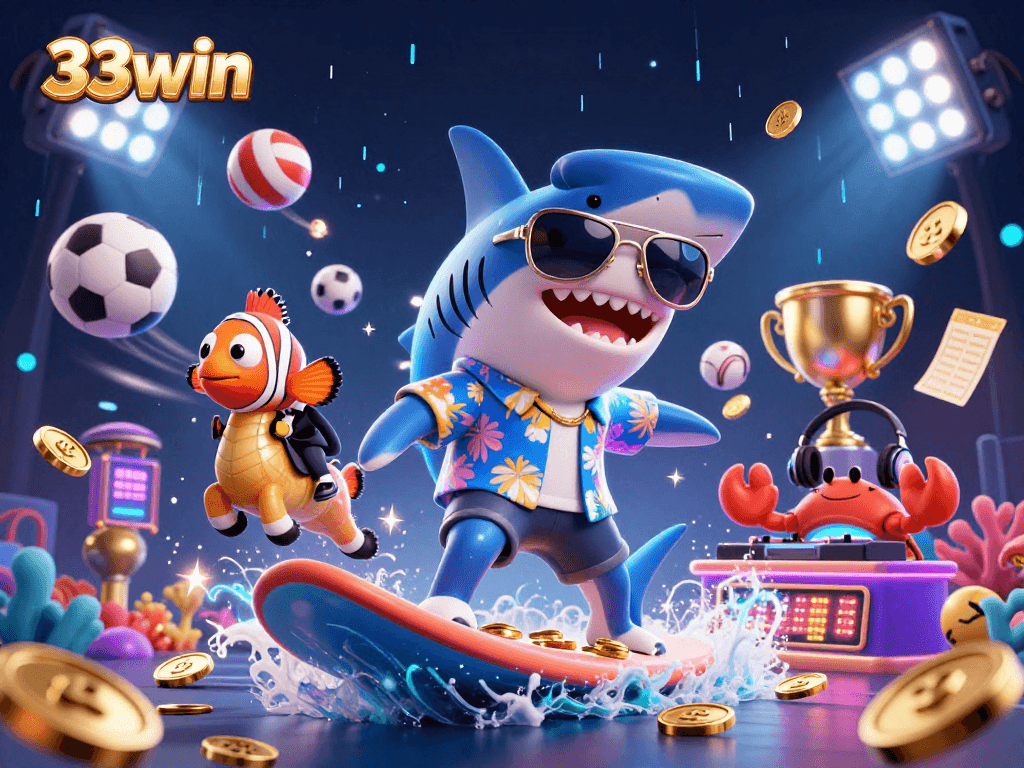 Engage with 33win's thrilling gambling scene showcasing colorful characters and dynamic sports elements.