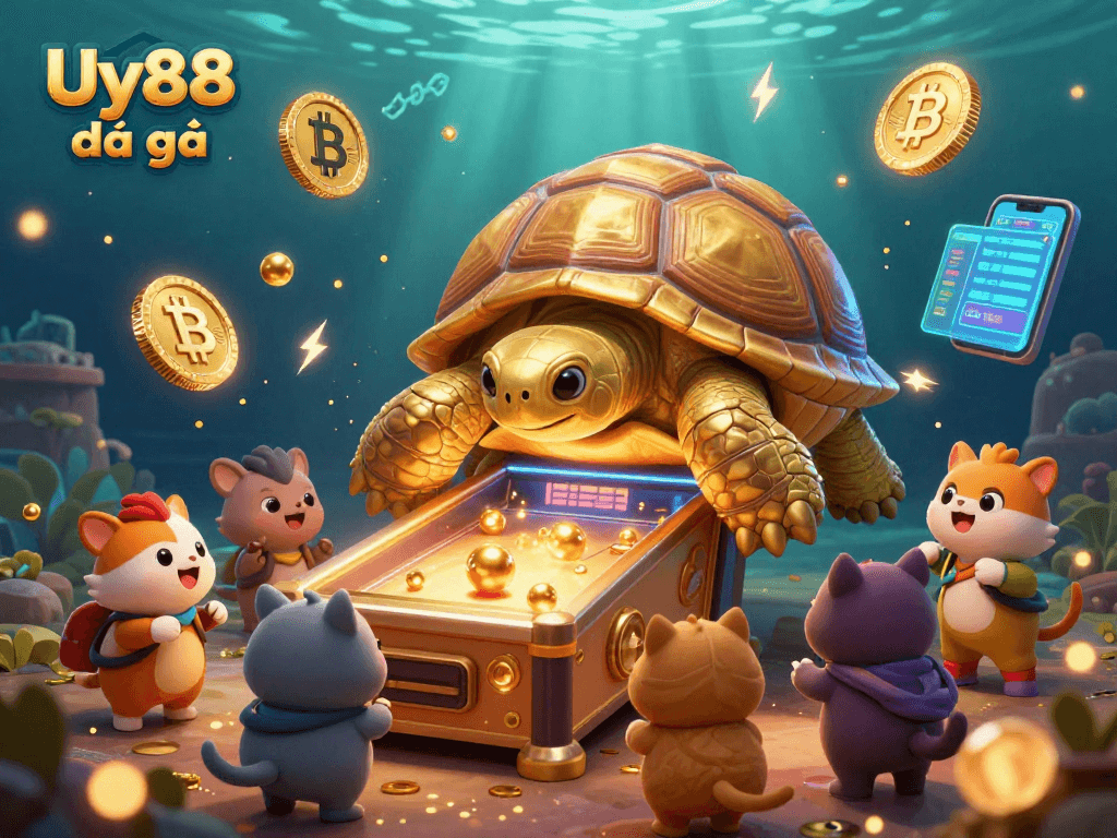 Engage in exciting Uy88 đá gà gameplay with a colossal golden tortoise pinball machine, surrounded by vibrant crypto elements.