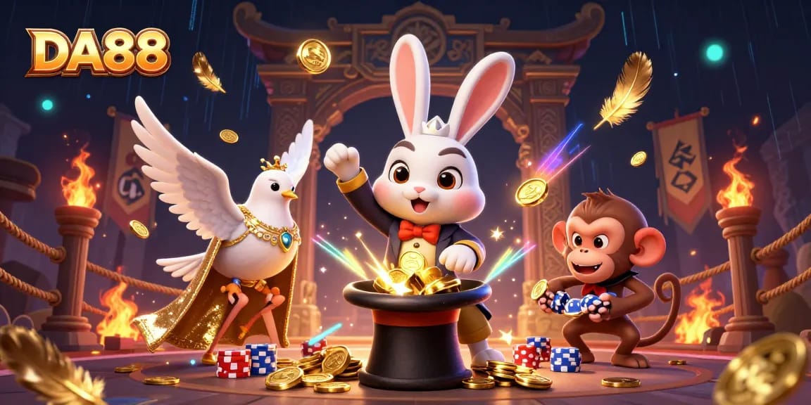 Experience DA88's vibrant casino scene with a magician rabbit, a dove, and a monkey amidst golden coins and dynamic elements.