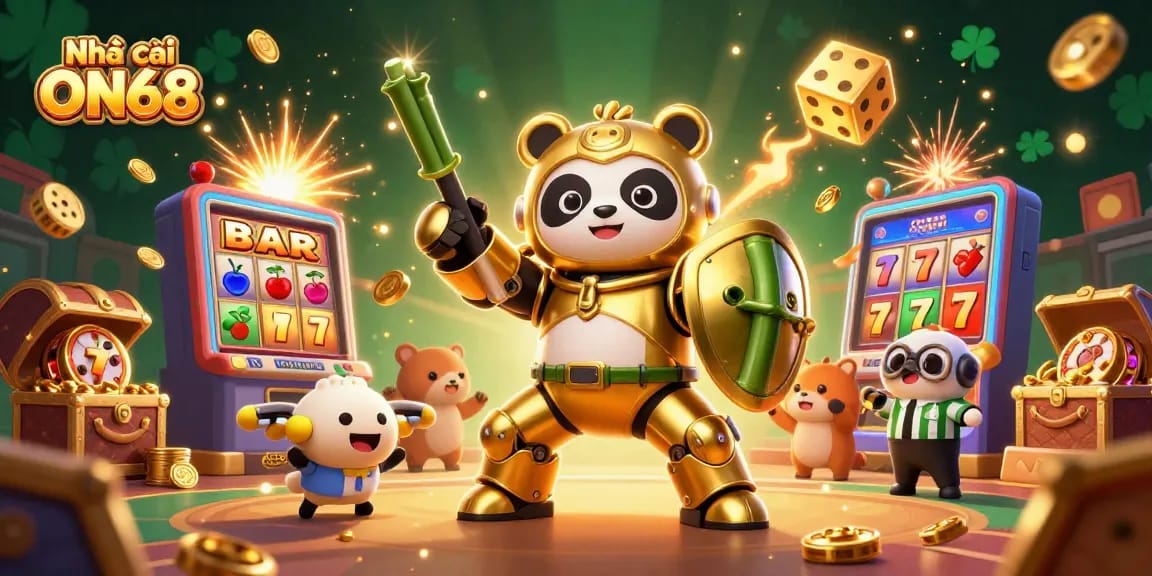 Exciting scene showcasing Nhà cái ON68 with a golden panda robot amidst slot machines and casino games.