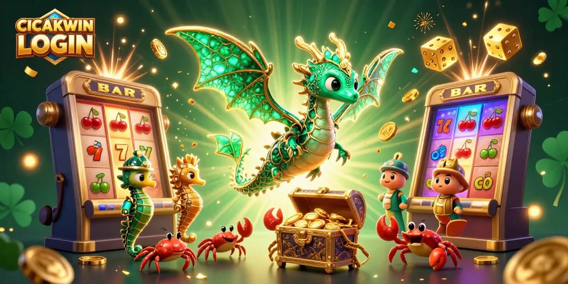 CICAKWIN LOGIN showcases an enchanting 3D sea dragon amidst explosive jackpot symbols and vibrant gaming elements.