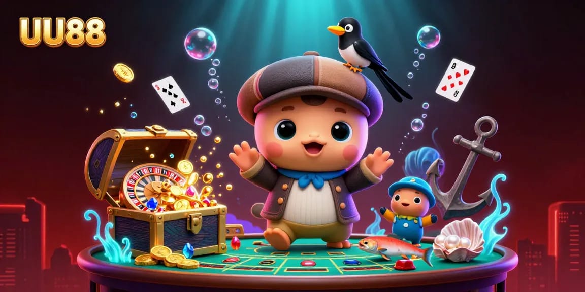 UU88 showcases a colorful 3D underwater scene with engaging gaming elements, like roulette and baccarat.