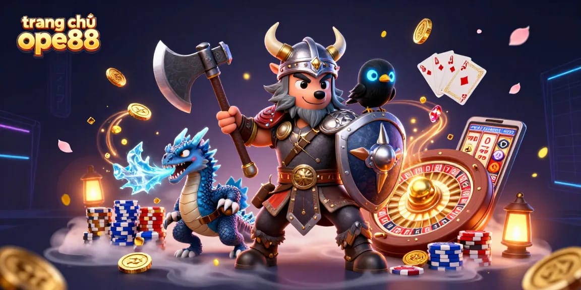 Experience the excitement of trang chủ ope88 with a Viking wolf warrior, fierce dragon, and glowing raven amidst dynamic casino elements.