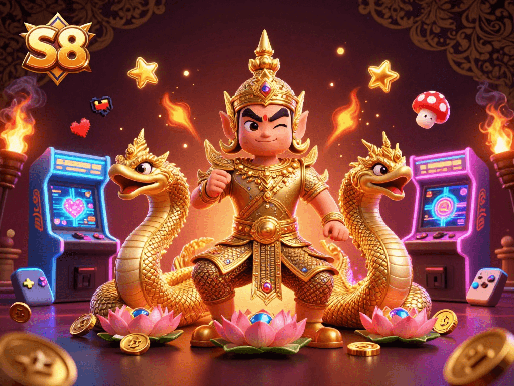 Engage with S8's vibrant casino world featuring dynamic characters and colorful game elements.
