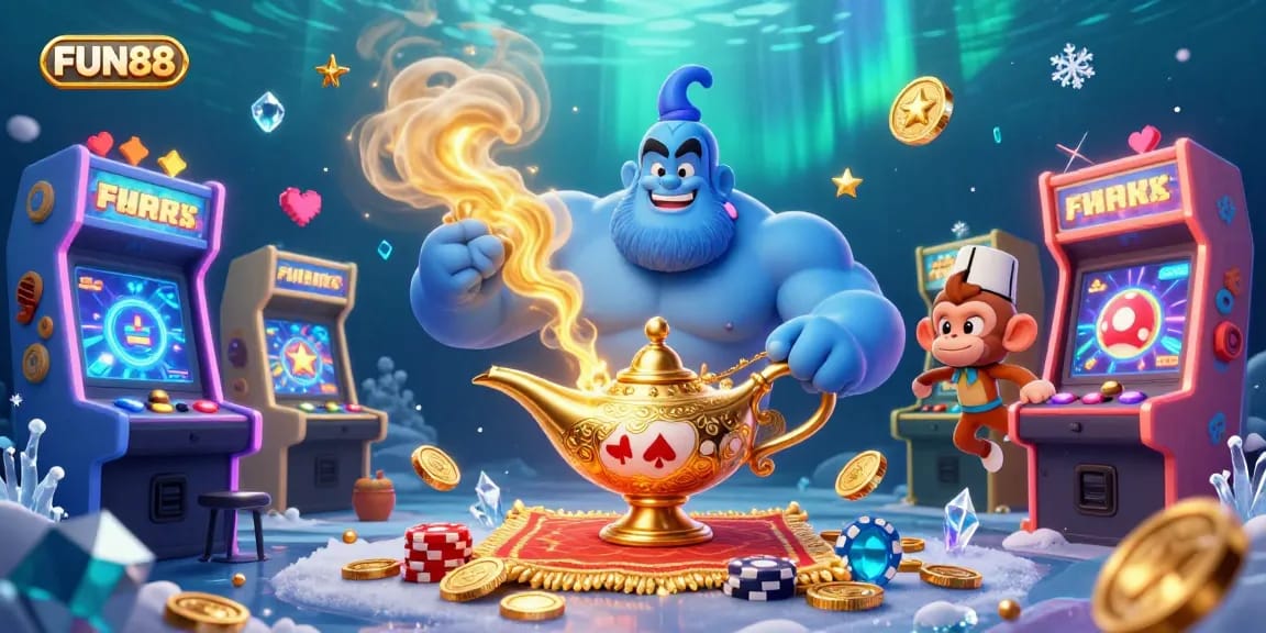 Engage with FUN88's vibrant casino scene featuring a genie, monkey, and fun gaming elements.