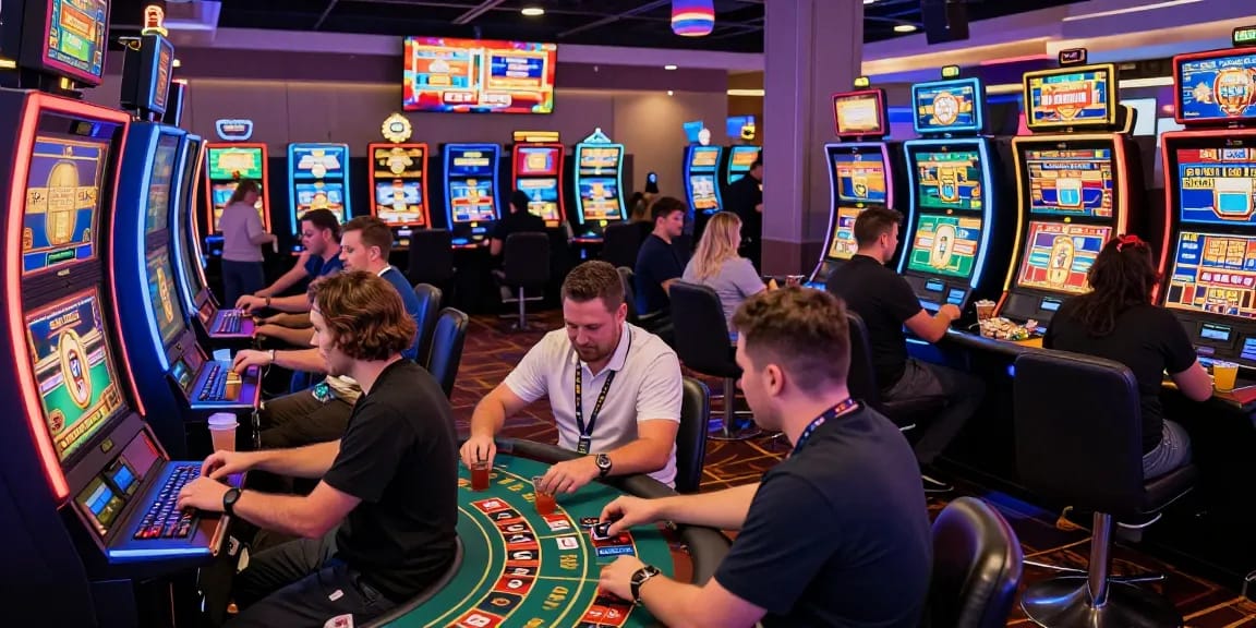 Spannende Paysafe Card Casino-Szene mit Spielern, die in einer lebhaften Atmosphäre Spiele genießen.
