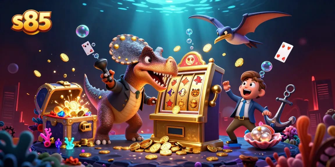 S85 players enjoy a lively casino scene with a dinosaur jackpot moment and shimmering treasures