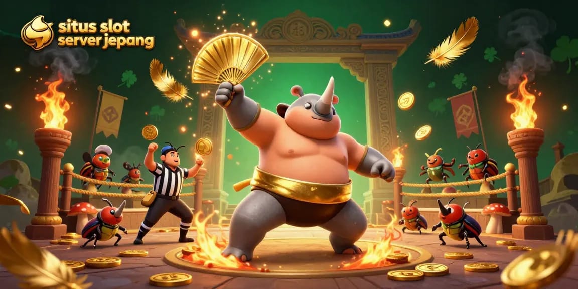 Situs slot server jepang showcases a 3D cartoon rhinoceros beetle champion amidst coins flying in a festive gambling arena.