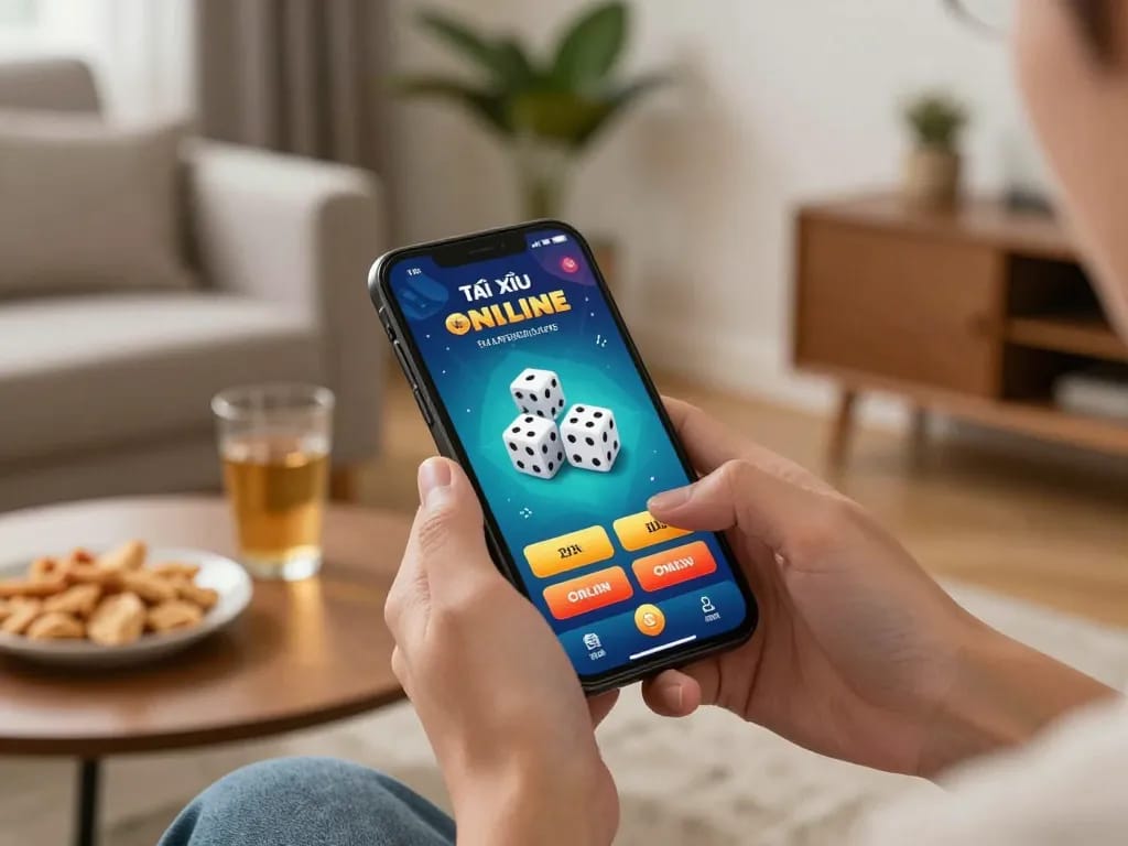 Tai Xiu Online gameplay on smartphone showcasing strategic betting choices in an inviting home setting.