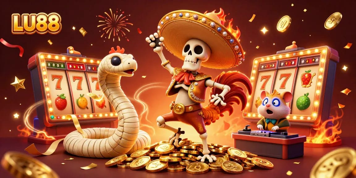 LU88 brings together a mariachi rooster, mummy snake, and DJ hamster in a lively casino scene with slot games.