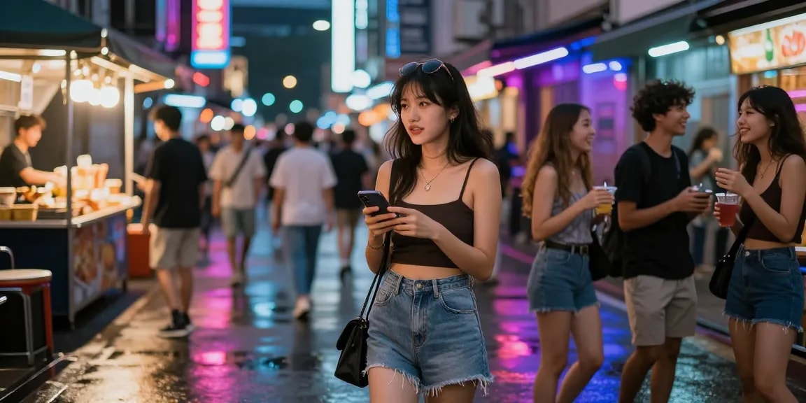 Gái gọi trong không gian phố đầy ánh đèn neon và sự sống động, tận hưởng cuộc sống về đêm.