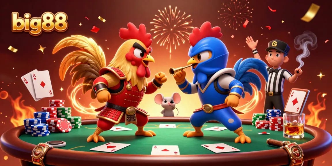 Big88 showcases a thrilling poker showdown between roosters, adding excitement to casino gaming.