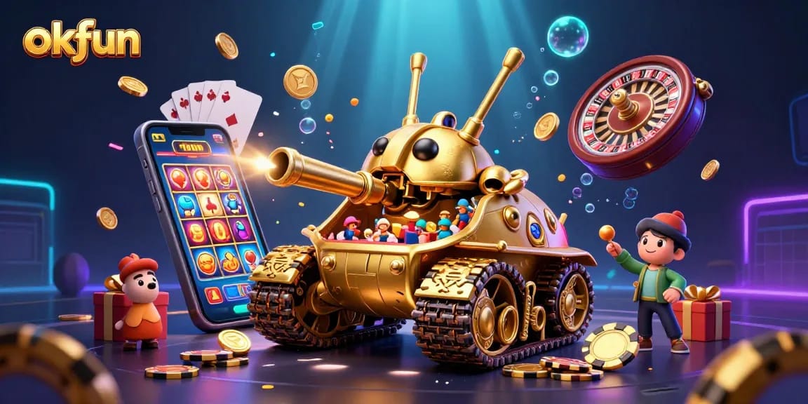 Engage in exciting games at okfun with a 3D illustration showcasing an imaginative casino in a golden beetle tank.