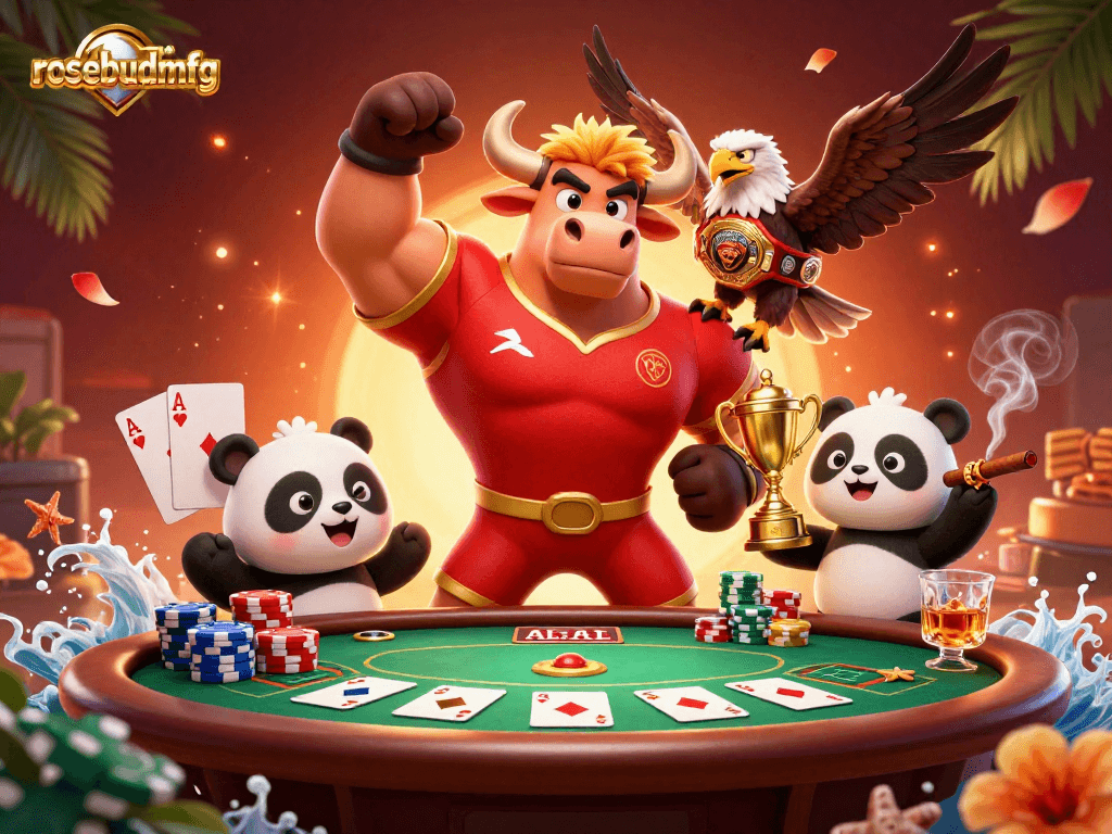 Experience the excitement at rosebudmfg with a thrilling poker scene featuring a bull, eagle, and panda.